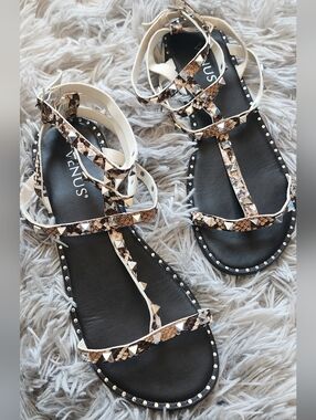 VENUS Black Sandals with Brown Snake-Print Straps and Gold Studs